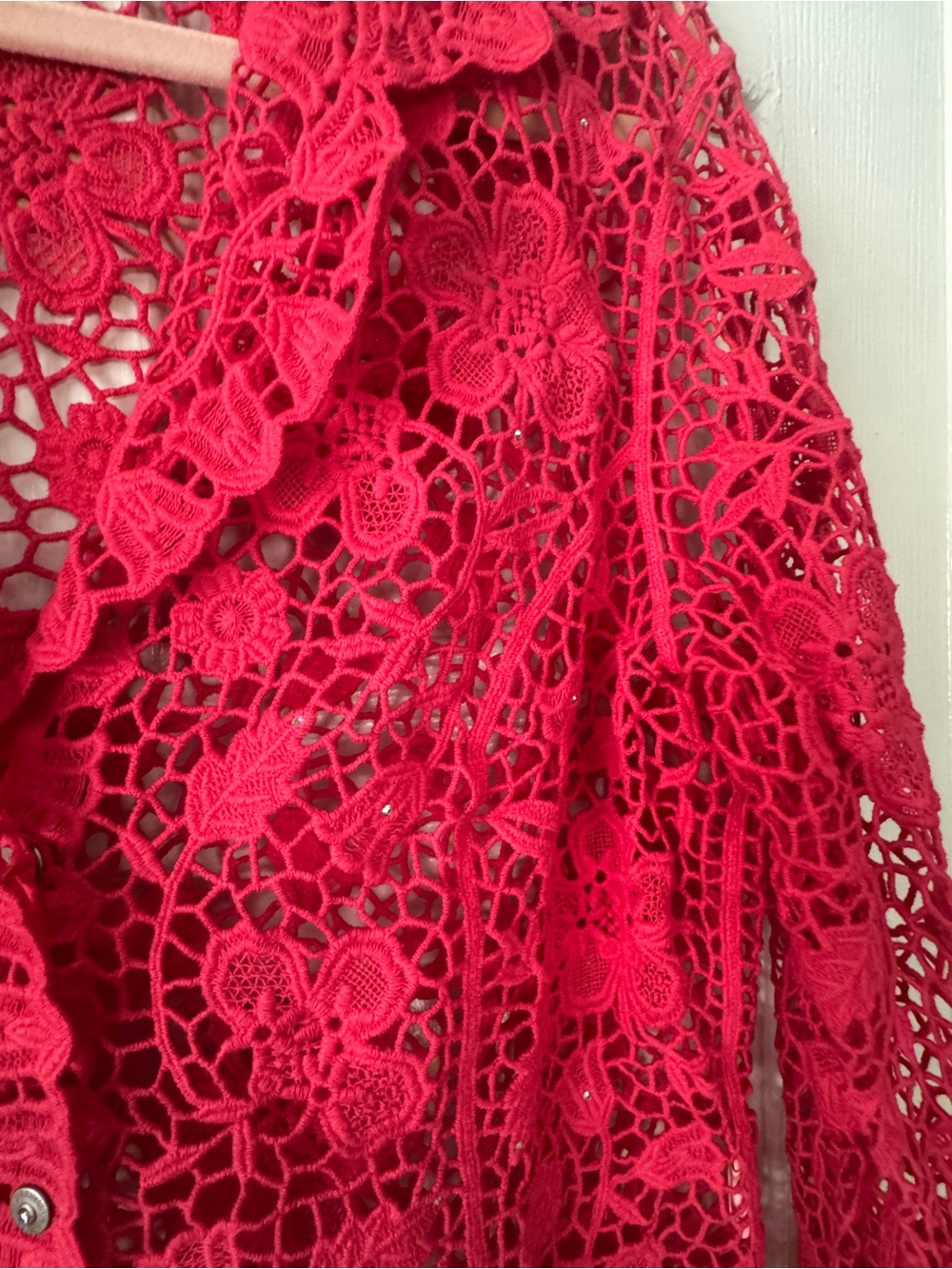 VTG Lafei Neir Pink Floral Crochet Lace Button-Down Blouse Rhinestone Accents - Picture 3 of 7